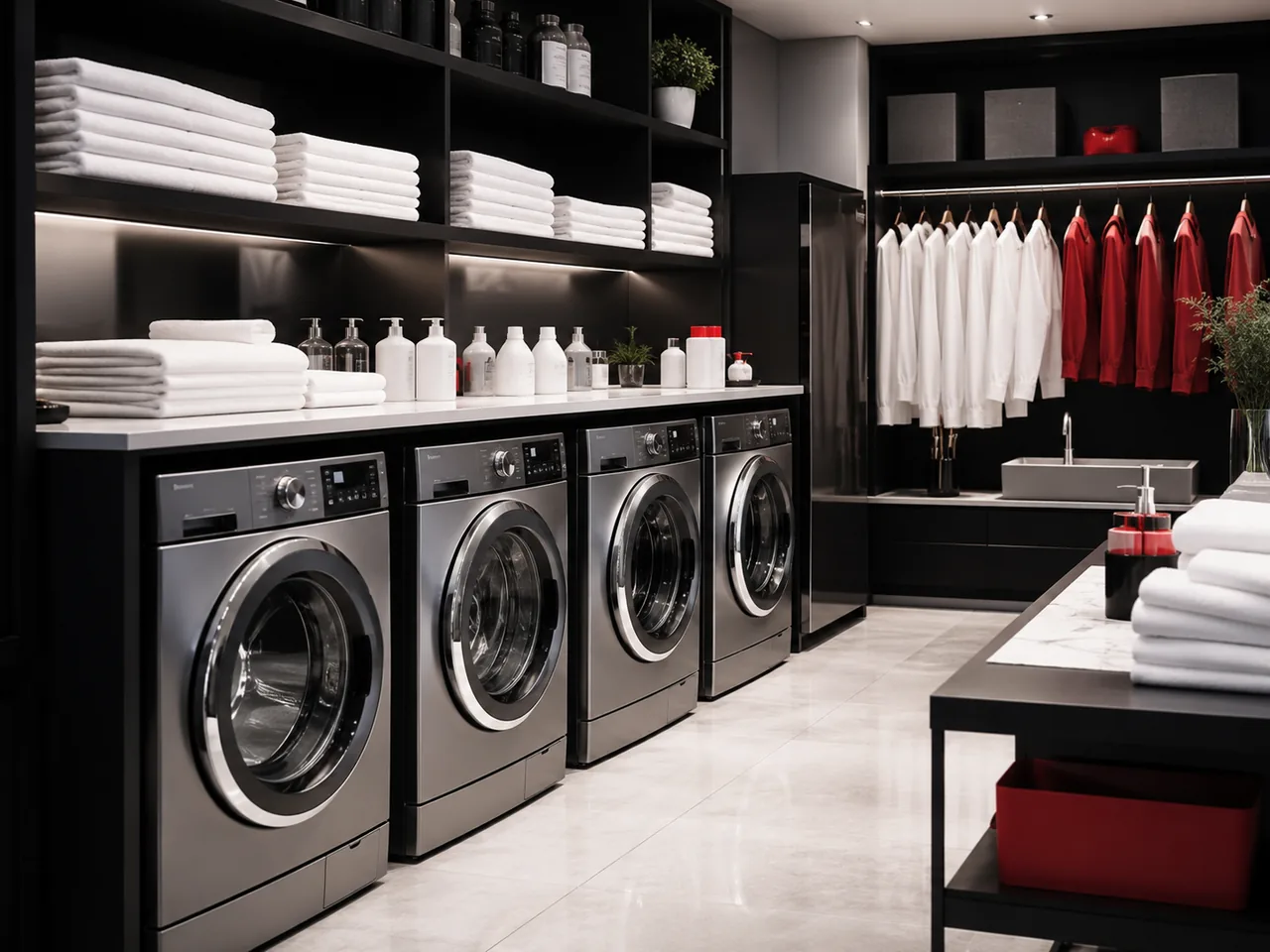 Interior Bos Laundry dengan mesin laundry modern dan penataan rapi