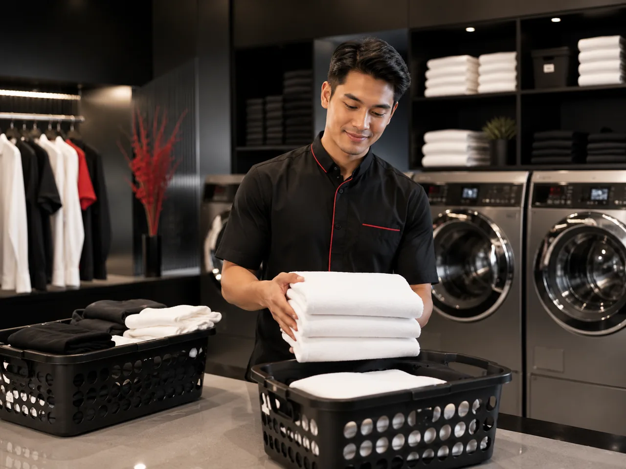 Staf Bos Laundry sedang merapikan handuk bersih dengan teliti